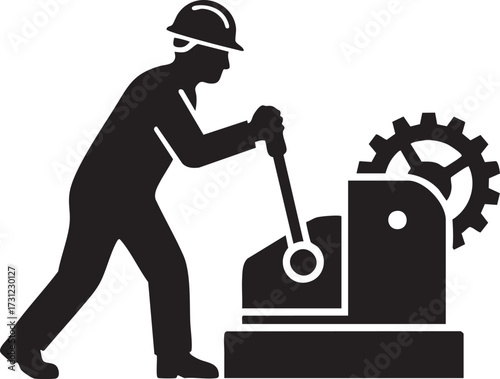 Silhouette factory worker operating a machine with a gear isolated on white background