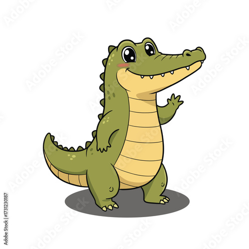 Cute green cartoon alligator standing and waving happily.