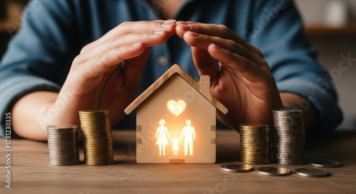 Hands protecting a wooden house model with coins, representing home security