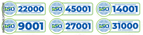 ISO Certification Labels Pack – 22000 Food Safety, 45001 Health and Safety, 14001 Environmental, 9001 Quality, 27001 Information Security, 31000 Risk Management