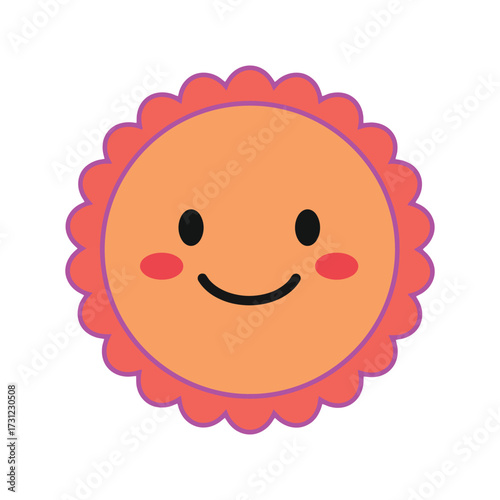Cute smiling sun character with a happy face and rosy cheeks.