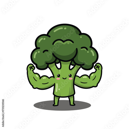 Cute Strong Broccoli Cartoon Character Flexing Muscles.