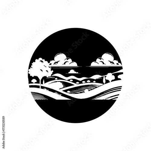 This circular black and white illustration depicts a rural landscape with a serene feel.