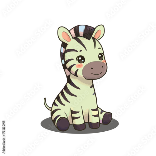 Cute baby zebra cartoon character sitting down.