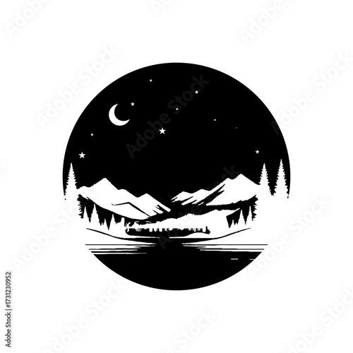 black dots of mountains and lakes at night.