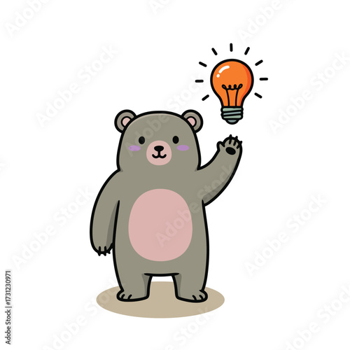 Cute cartoon bear with a bright lightbulb representing an idea.