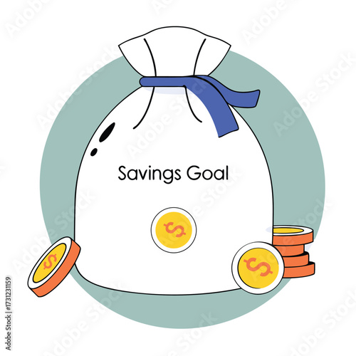 White fabric money bag labeled savings goal tied with a blue ribbon and coins nearby