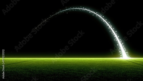 A luminous arc of light streaks across a dark sky, descending onto a vibrant green field, creating a dramatic, almost magical effect