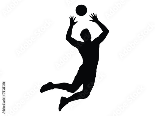 Black silhouette male athlete jumping to hit volleyball vector