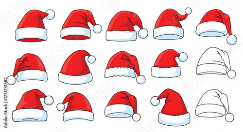 A collection of festive red santa hats with white trim and pom poms in various styles and orientations.