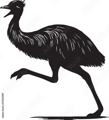 Silhouette of a large flightless bird with its mouth open and one leg extended in a dynamic running pose