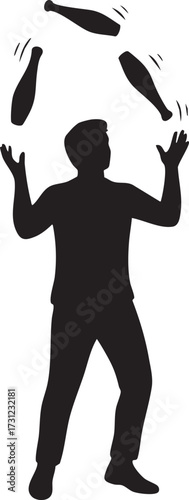 Silhouette skilled juggler performing an impressive act with multiple objects in the air isolated on white background