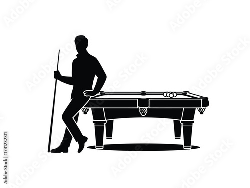 Black silhouette man with cue stick leaning on pool table person