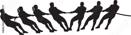 Silhouette team of people playing tug of war with a rope isolated on white background