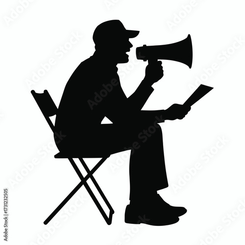 Black silhouette man with megaphone and paper speaking vector