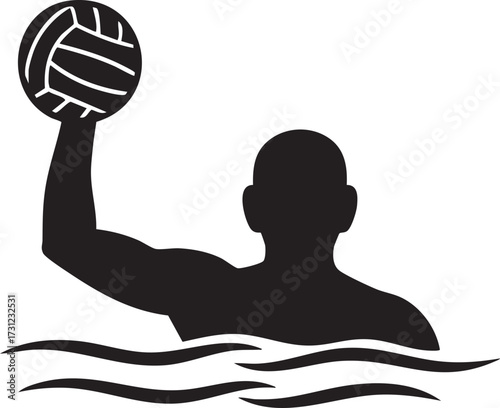 Silhouette water polo player in the water holding a ball above their head isolated on white background