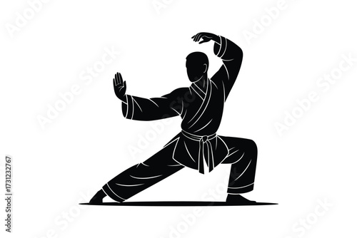 Black silhouette martial artist dynamic stance white background dynamic pose martial arts