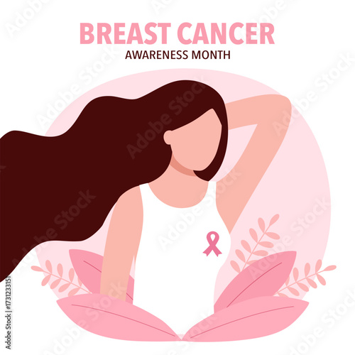 Breast cancer awareness month concept vector illustration. Woman with pink ribbon logo in flat design.
