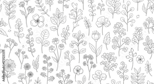 A delicate and intricate pattern of tiny wildflowers and botanical elements in black ink on a white background.