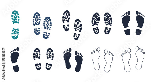Visual representations of various footprints and shoe prints showing different sole patterns and foot shapes.