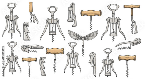 A collection of vintage corkscrew designs with decorative wooden handles.