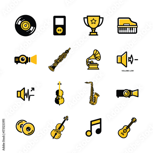 Duotone music icons set featuring instruments audio devices and awards for creative projects