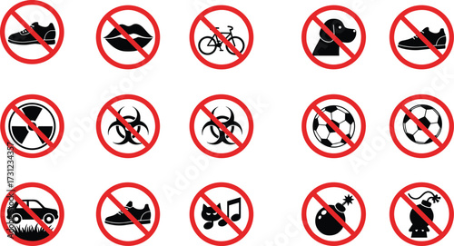Set of prohibition signs vector illustration with forbidden activities, warning icons, safety symbols, restricted objects, danger hazards, no entry rules design template