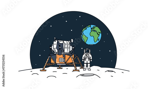 Astronaut and lunar module on the moon with earth in space illustration