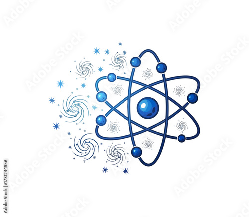 Atom and galaxies illustration on black background