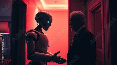 Robot shaking hands with man.