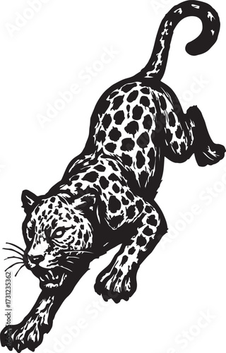 Dynamic black and white illustration of a powerful leopard in a stalking pose showcasing its spotted coat and agile form