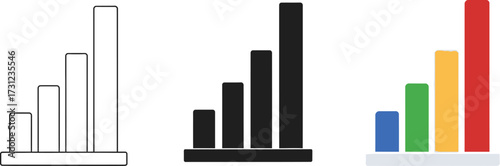Three bar chart icons showing increasing data in outline solid color and multi color styles