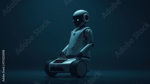 Robot sitting with dark blue background.