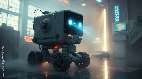 Retro Robot in Futuristic Garage.