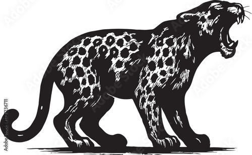 A powerful black panther with a spotted coat roars with its mouth wide open in a dynamic pose