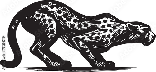 Powerful black panther crouching low with intense gaze and spotted coat in dramatic stylized illustration