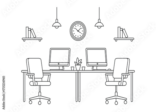 Minimalist Office Setup with Computers Chairs and Decor Ideal for Modern Workspace Concepts and Designs