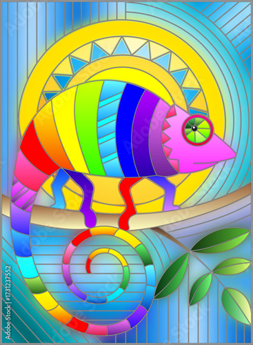 Illustration in stained glass style with abstract geometric rainbow chameleon