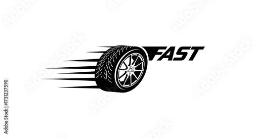 Dynamic tire icon with motion trails illustrating speed and automotive concept