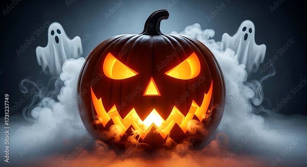 Fototapeta premium Spooky Jack O Lantern with Ghosts and Smoke