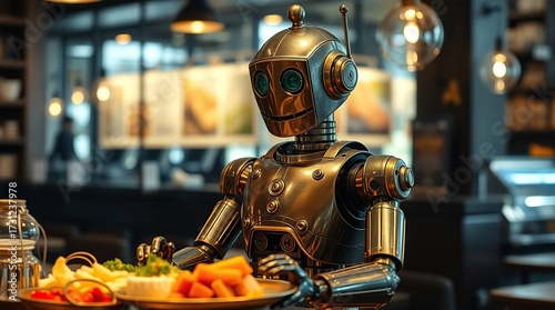 Retro Robot Serving Fruit Cafe.