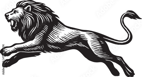 Majestic black and white woodcut style illustration of a powerful lion in full gallop