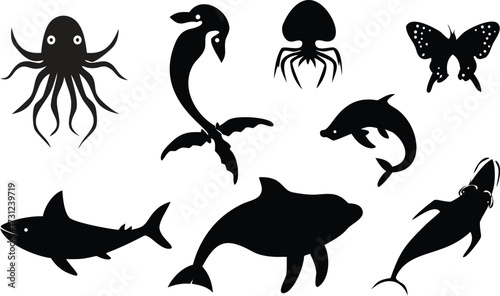 Black Silhouettes of Marine Life and Butterfly octopus