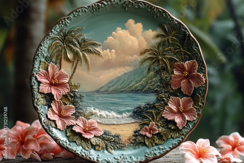 Tropical scene painted on a plate.
