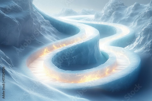 River of fire cutting through snowy landscape.