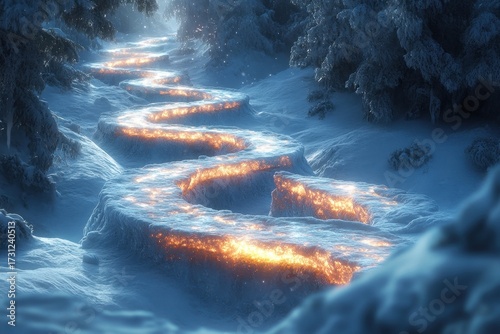 Fire raining down on a snowy path.