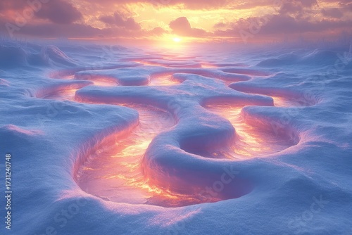 Sunset over snow-covered landscape.