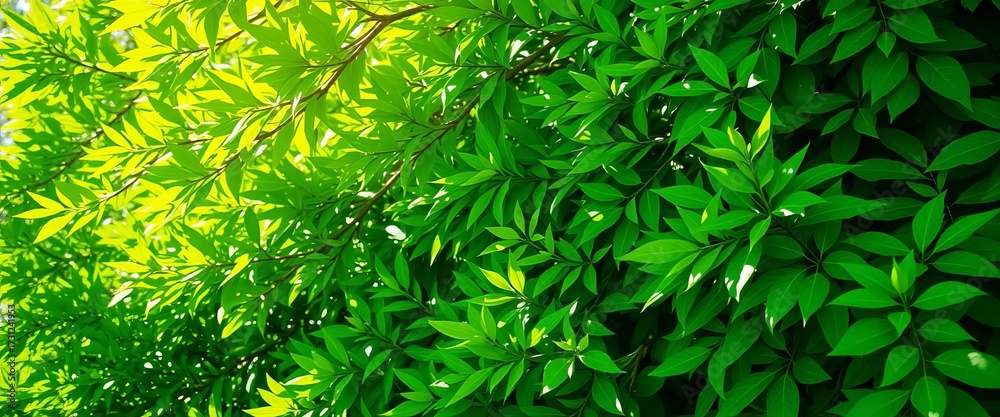 Fototapeta premium Lush green foliage, sunlight dappled, vibrant leaves, organic, vivid