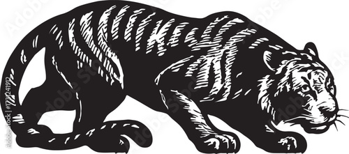 Powerful black panther stalking through the jungle with striking stripes and intense gaze in a dynamic pose