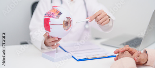 Cuadro en lienzo Elderly Patient consulting Doctor to Eye disease, Senior Medical Diagnosis